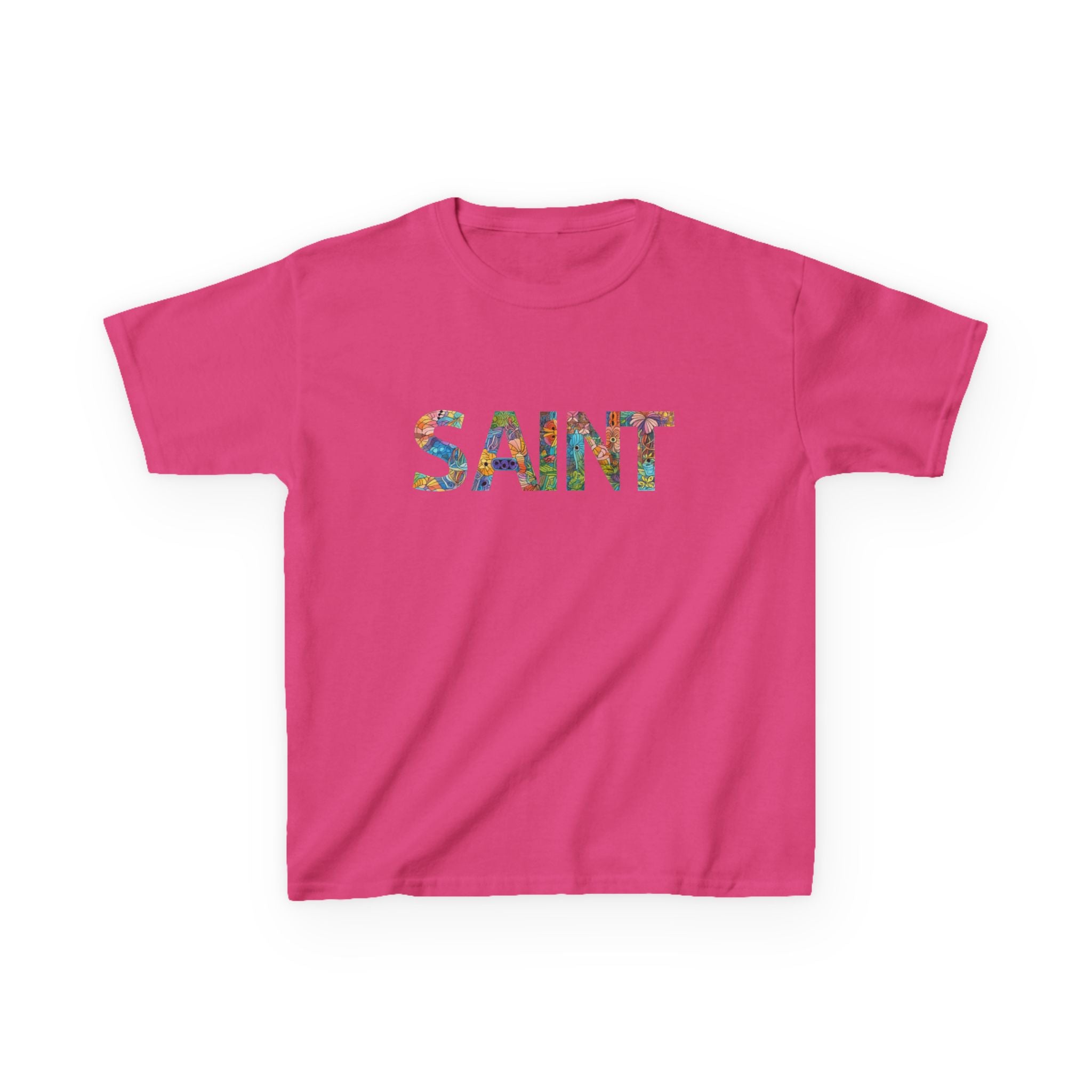 Girls Saint Kids T‑Shirt — Colorful Patterned Lettering Tee for Children