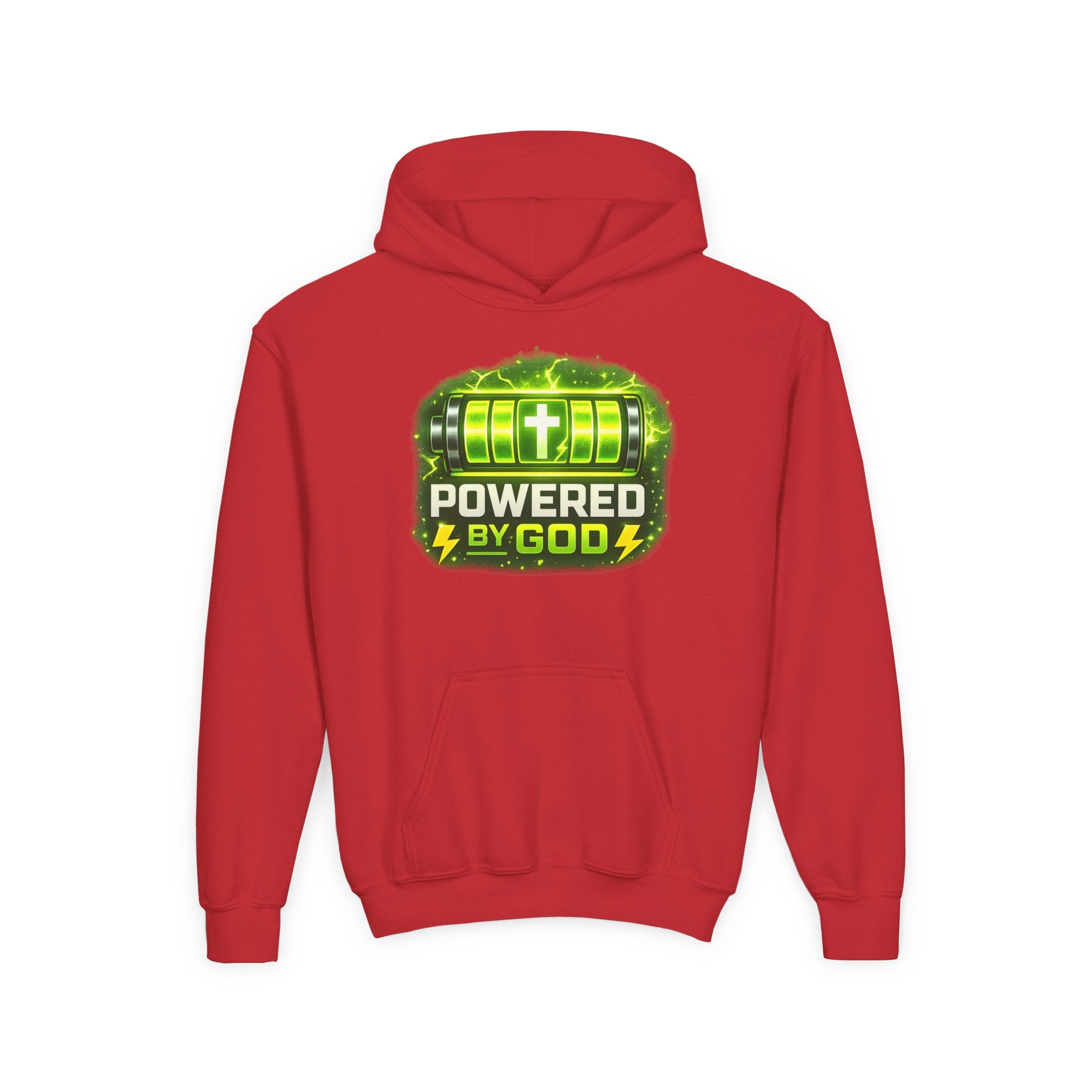 Youth Hoodie — "Powered by God" Green Battery Christian Sweatshirt