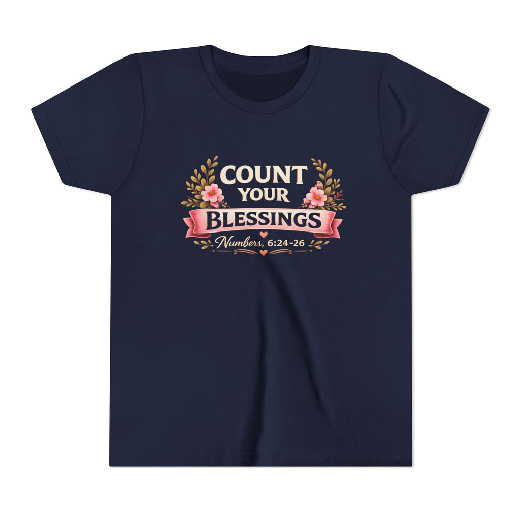 Girls Youth Tee - "Count Your Blessings" Floral Scripture Kids Shirt (Numbers 6:24-26)