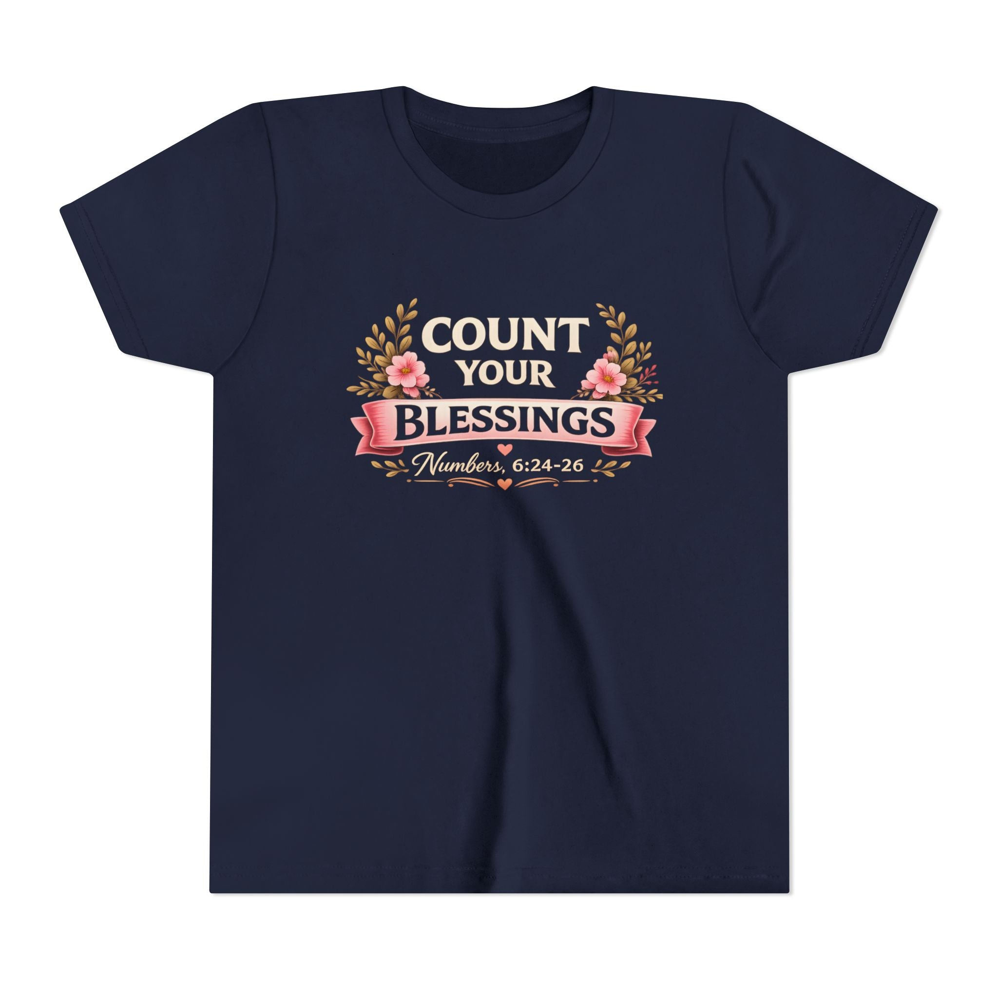 Girls Youth Tee - "Count Your Blessings" Floral Scripture Kids Shirt (Numbers 6:24-26)