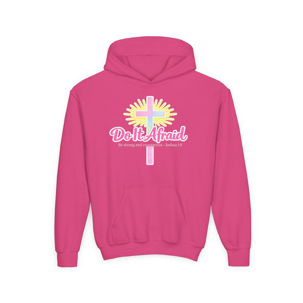 Youth Hoodie — "Do It Afraid" Christian Cross Inspirational Sweatshirt (Joshua 1:9)
