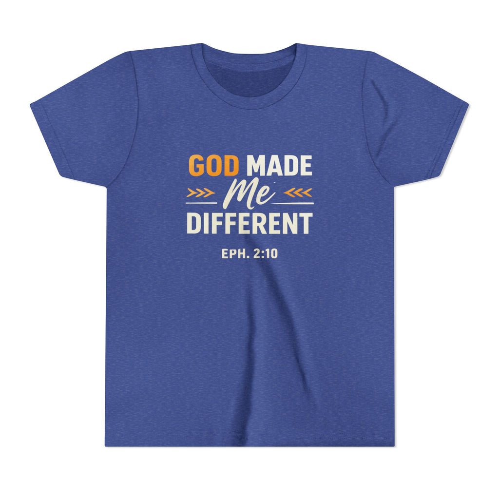 Girls Youth Tee – "God Made Me Different" Christian Kids T‑Shirt (Eph. 2:10)