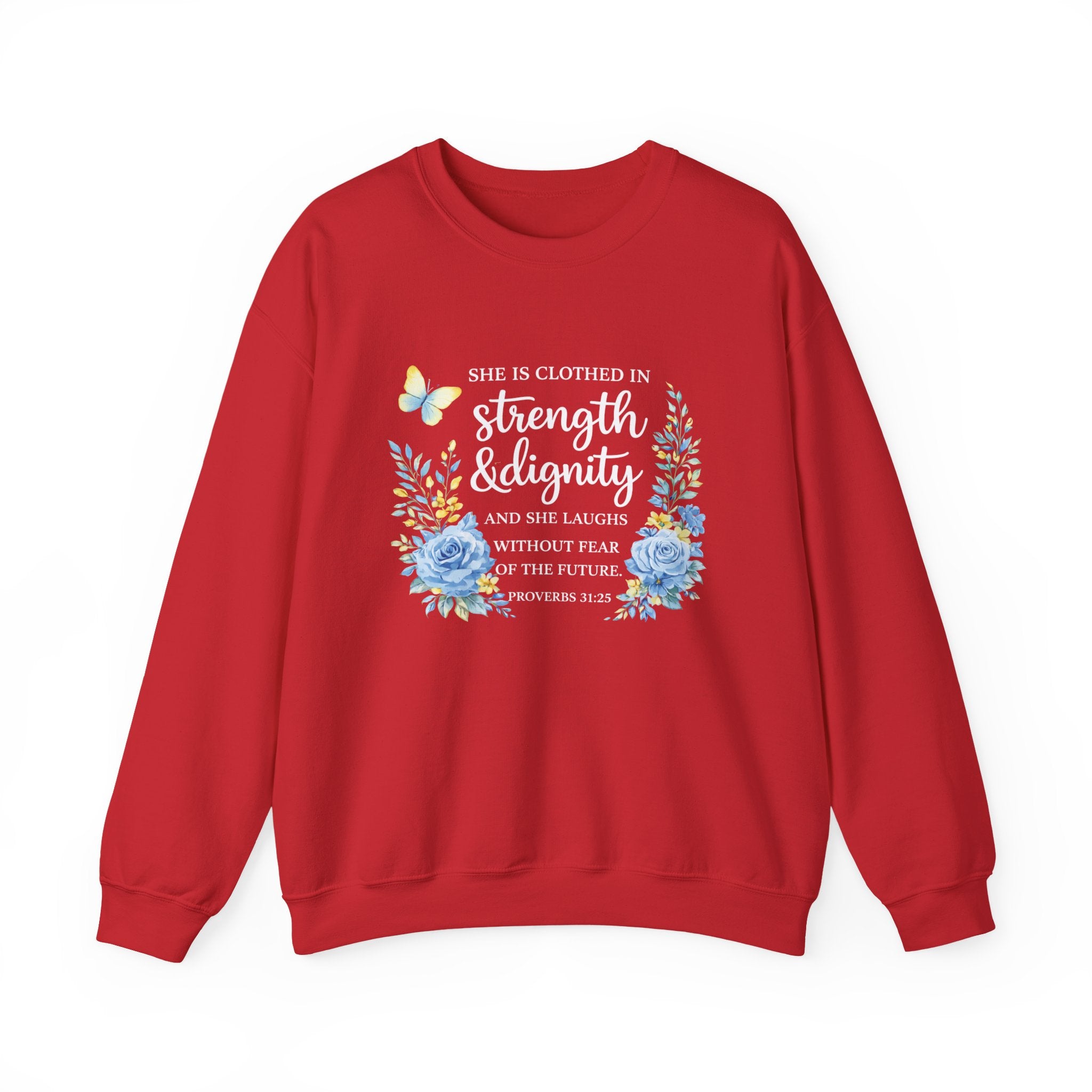 Womens Strength & Dignity Crewneck Sweatshirt — Inspirational Floral Scripture Design