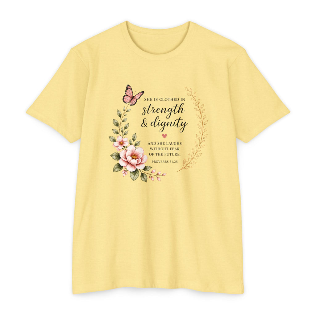 Womens Strength and Dignity Scripture Shirt | Floral Bible Verse Tee