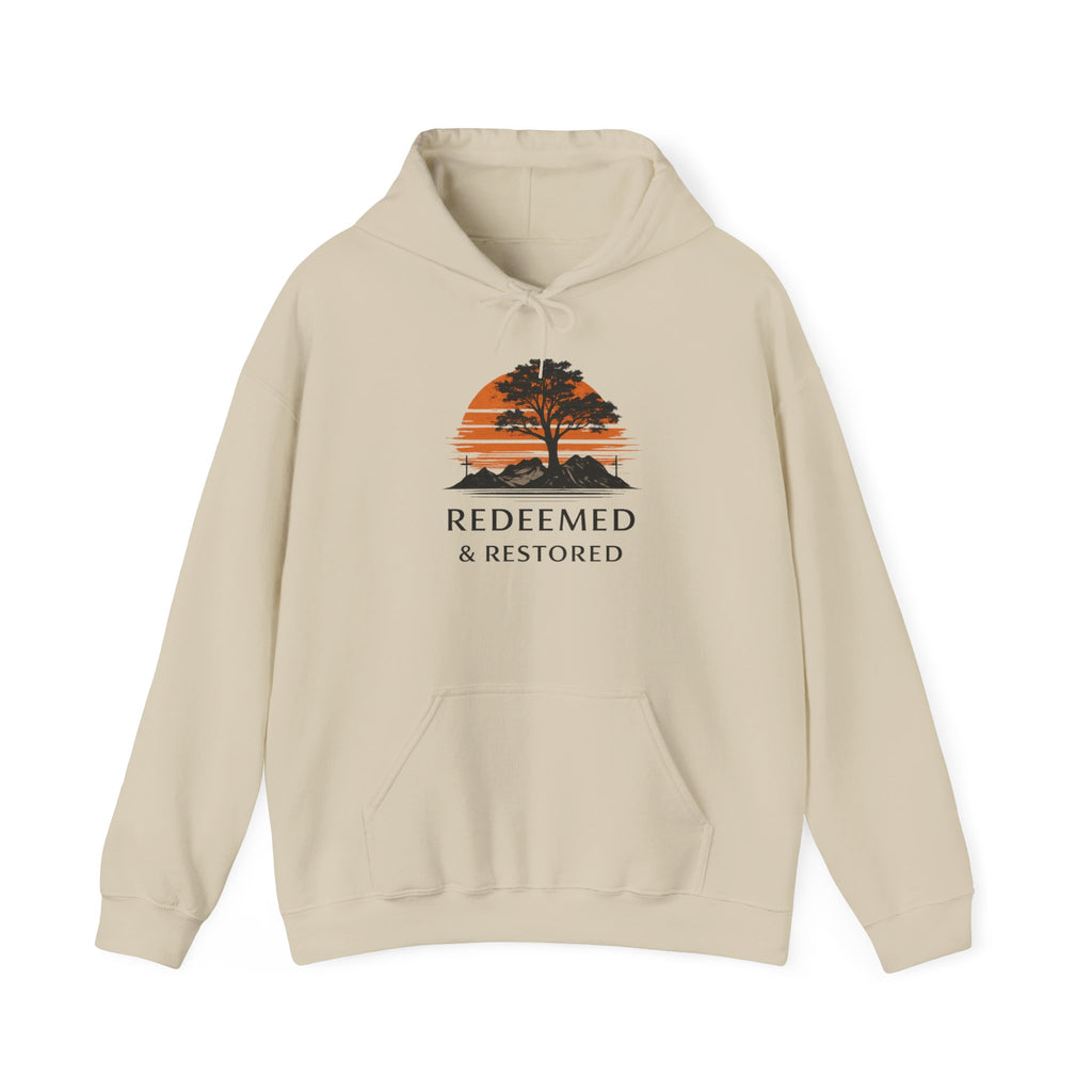 Redeemed & Restored Hoodie – Sunset Tree Faith Graphic Hooded Sweatshirt