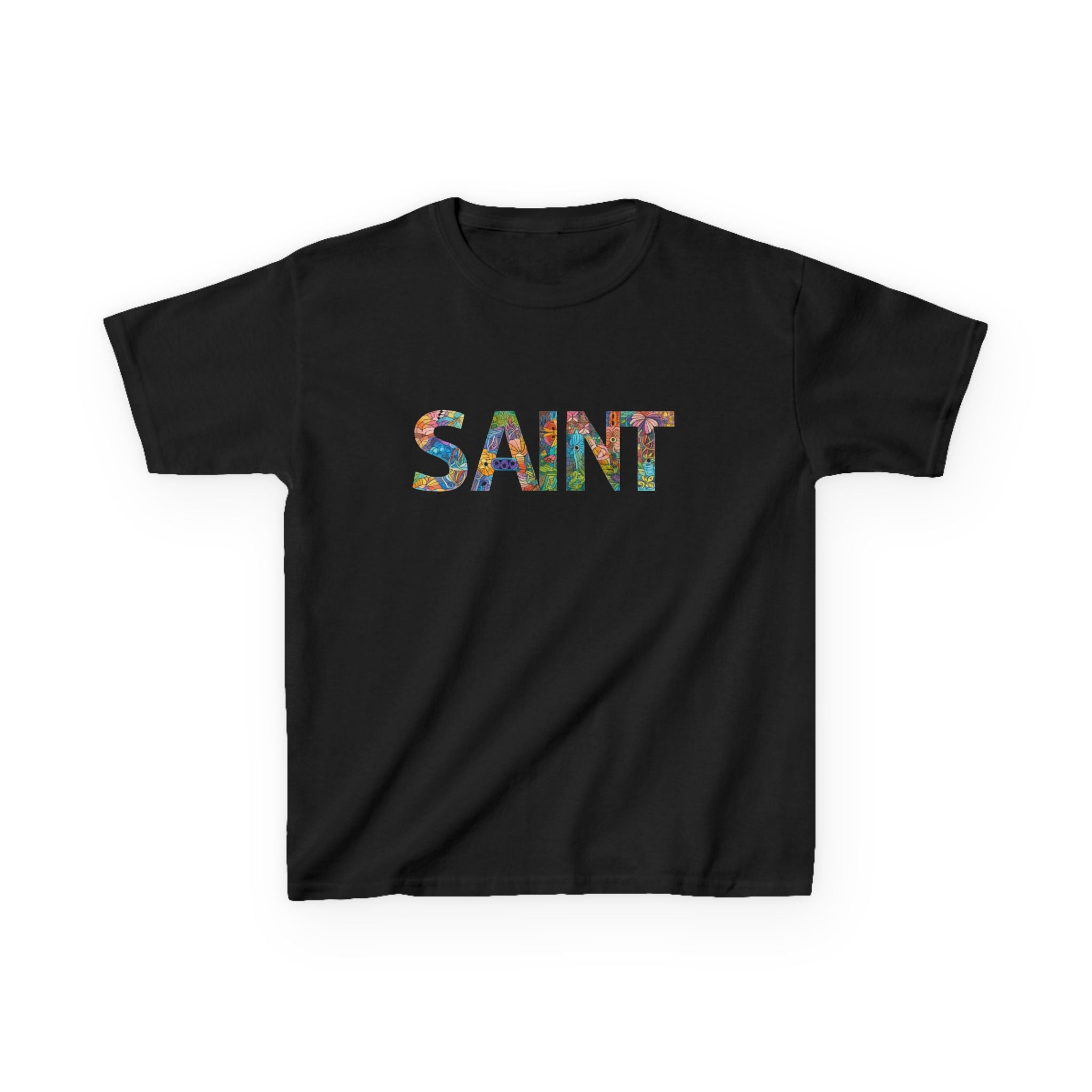 Girls Saint Kids T‑Shirt — Colorful Patterned Lettering Tee for Children