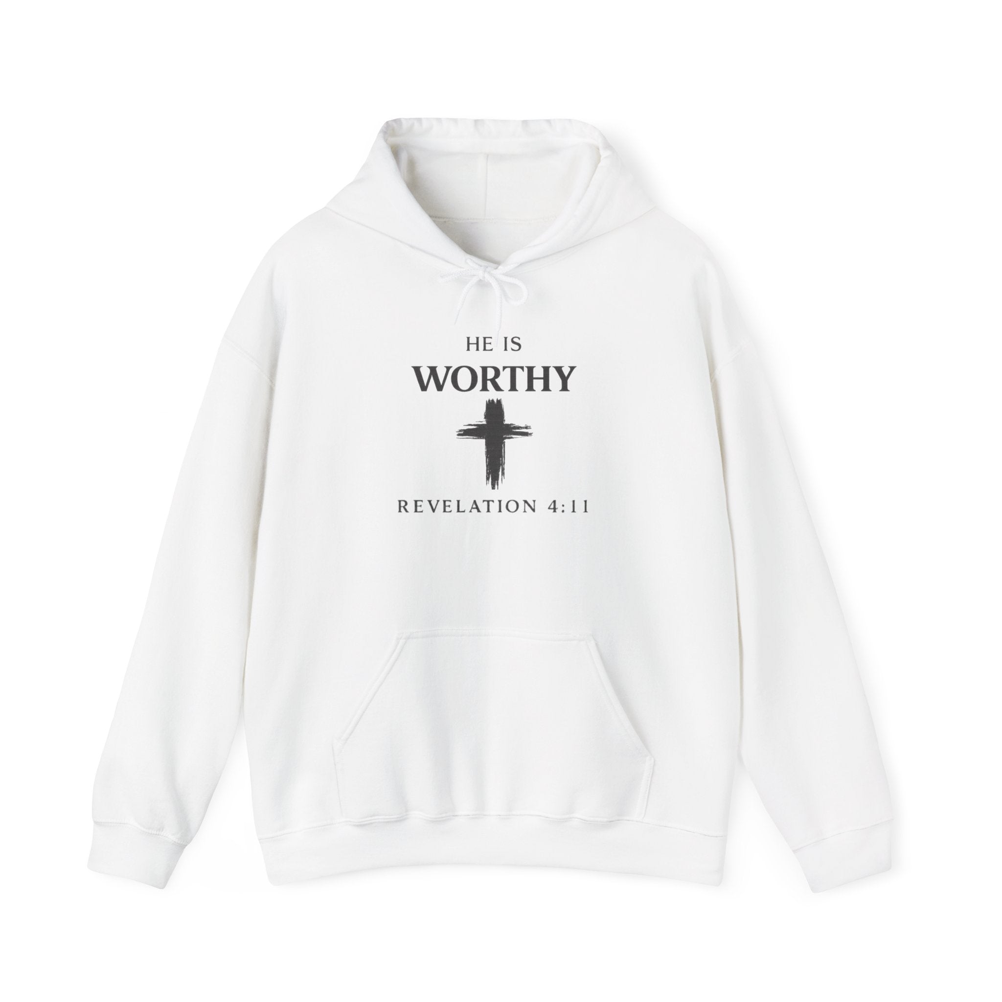Mens Worthy Cross Hoodie — "He Is Worthy" Revelation 4:11 Christian Pullover