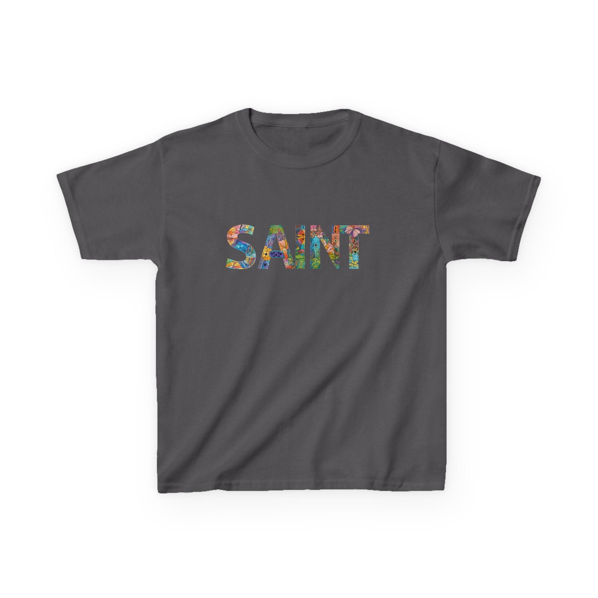 Girls Saint Kids T‑Shirt — Colorful Patterned Lettering Tee for Children