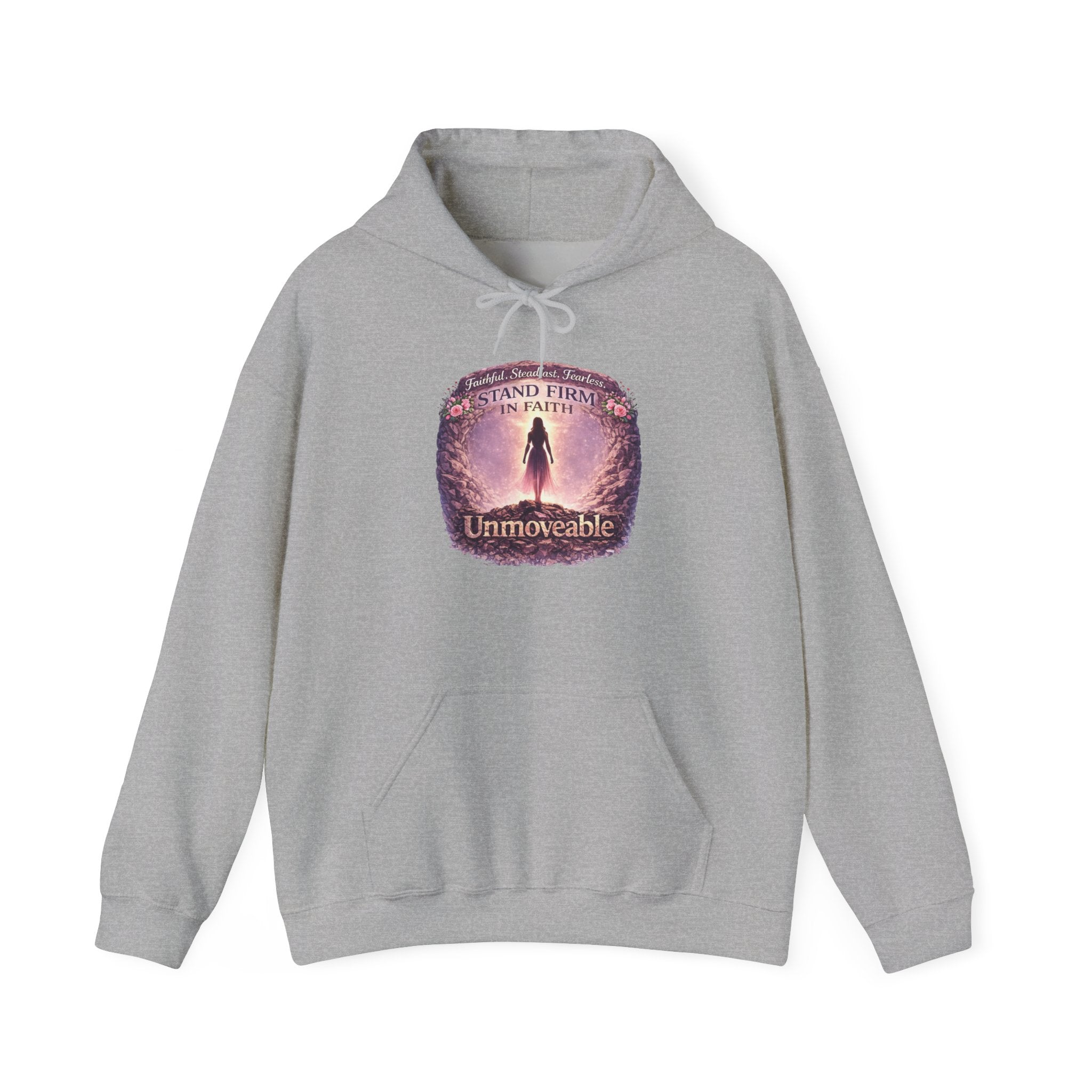Womens Unmoveable Inspirational Hoodie — "Stand Firm in Faith" Spiritual Graphic Sweatshirt