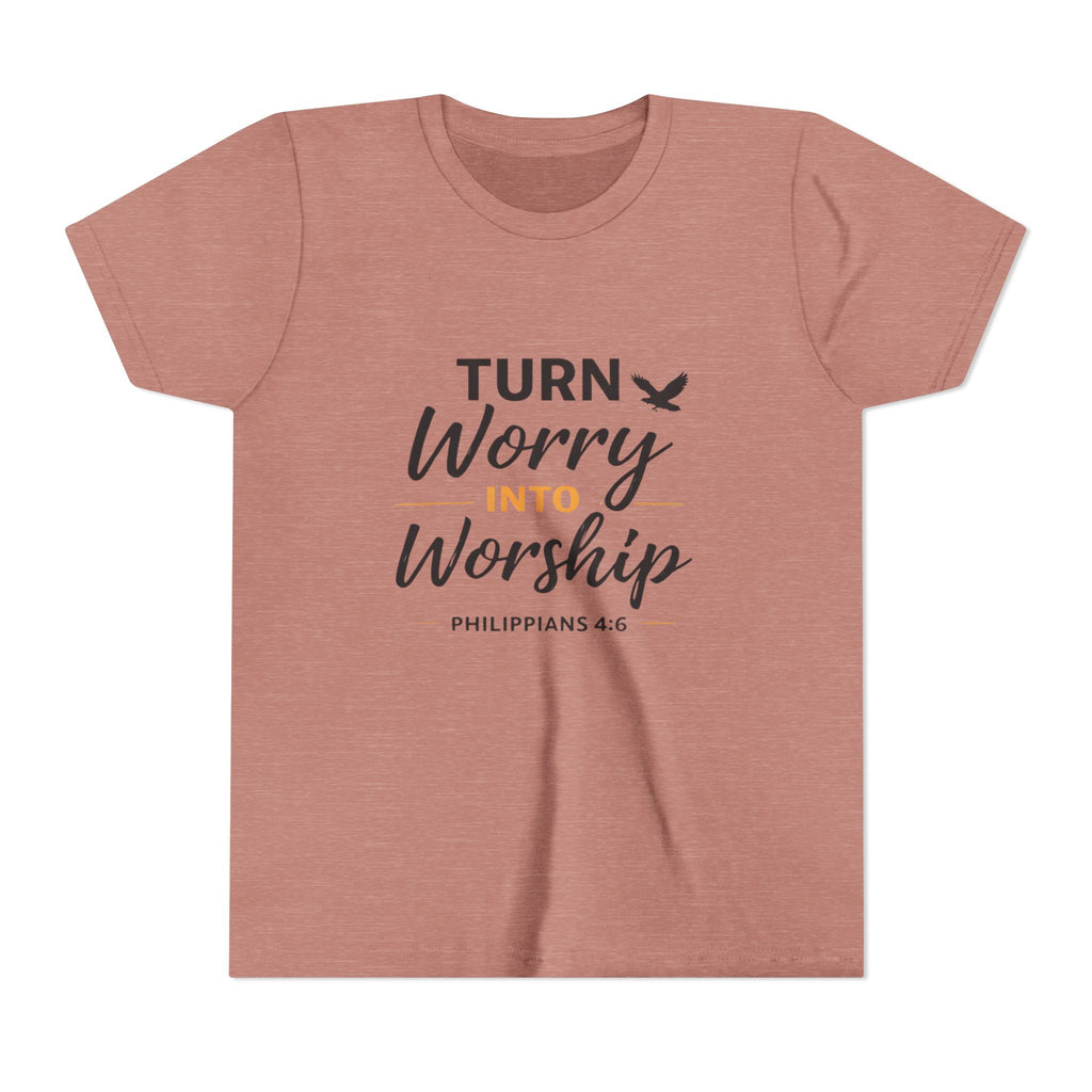 Girls Youth Tee - "Turn Worry Into Worship" Philippians 4:6 Christian Kids Shirt