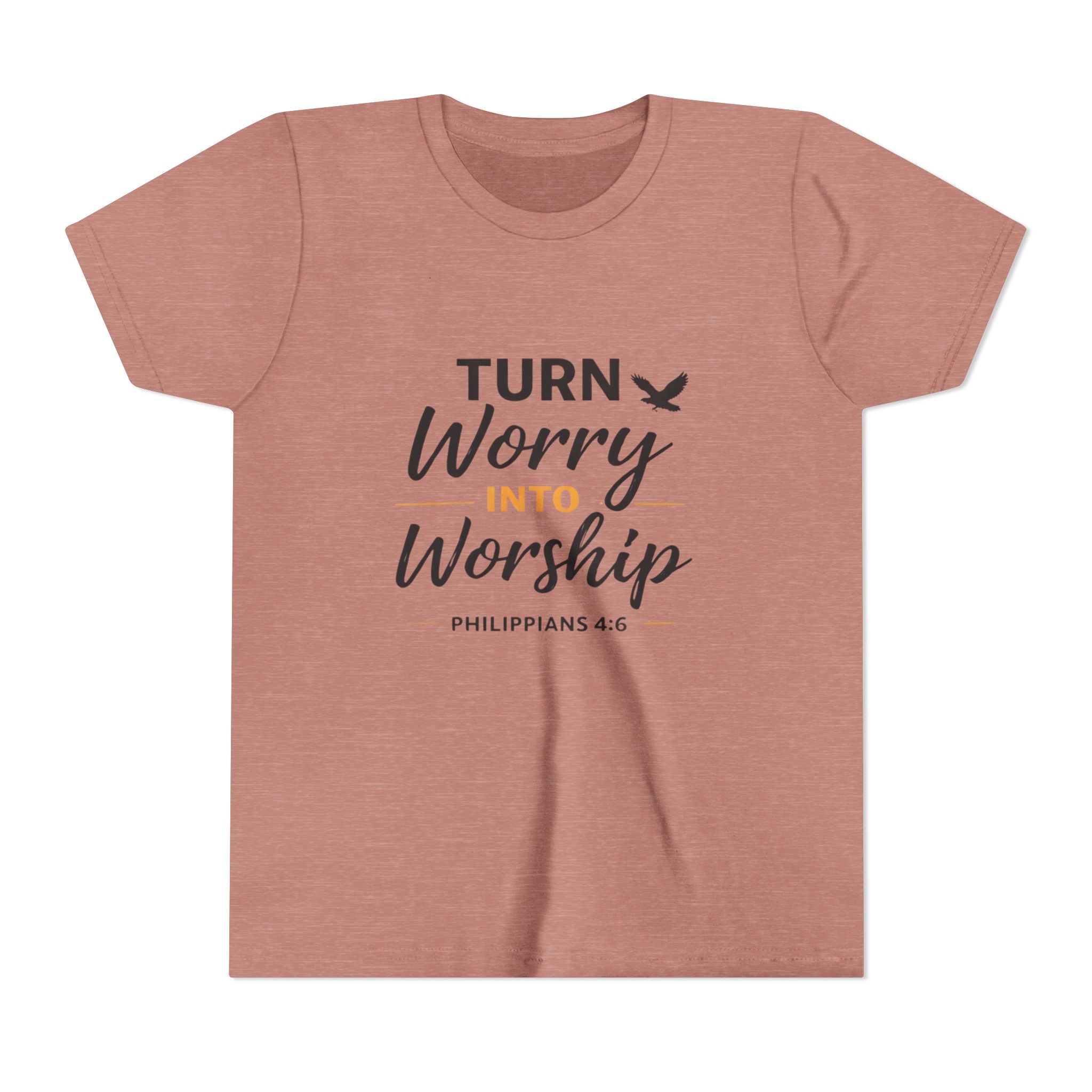 Girls Youth Tee - "Turn Worry Into Worship" Philippians 4:6 Christian Kids Shirt