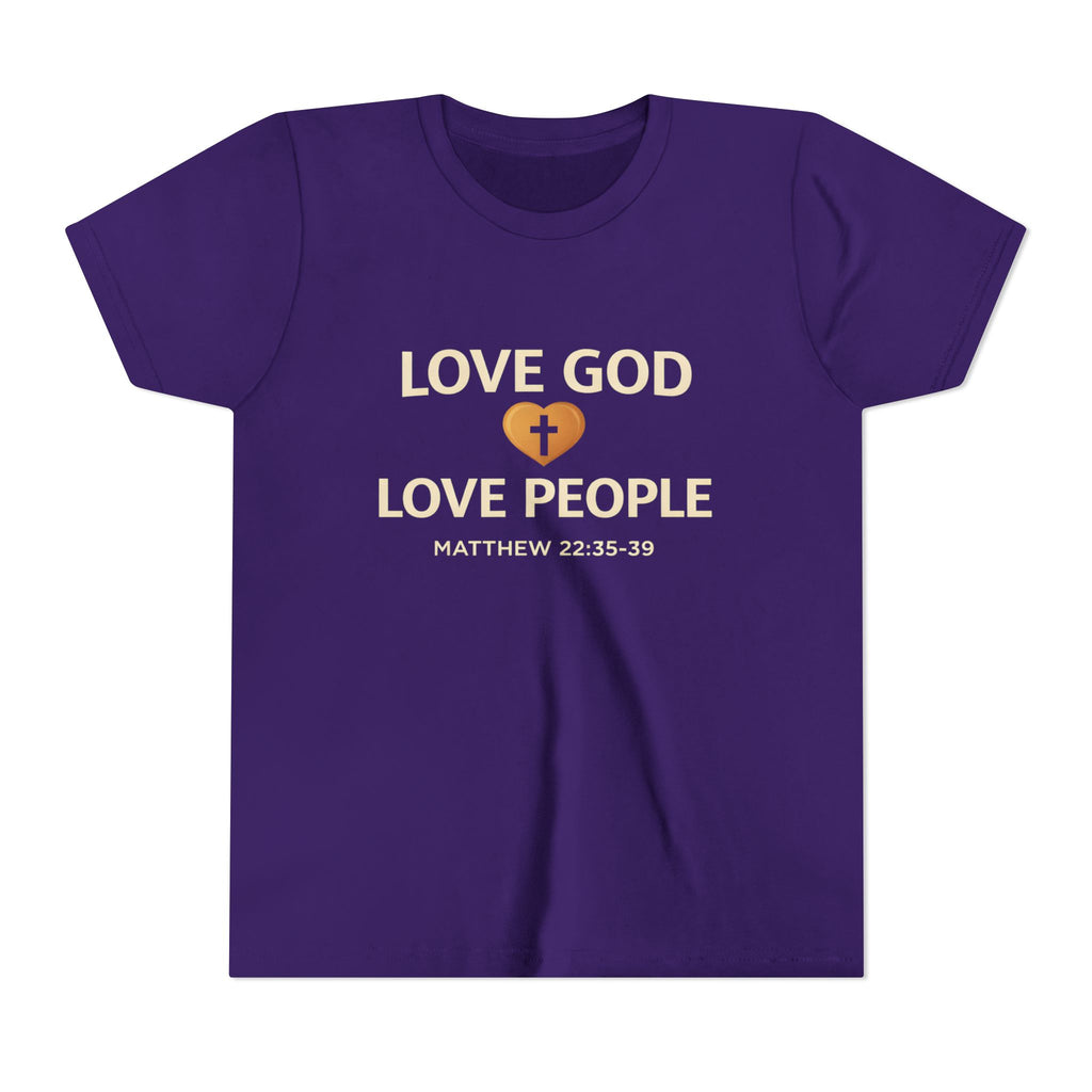 Boys Youth Tee — "Love God Love People" Bible Verse Matthew 22:37-39 Christian Kids Shirt