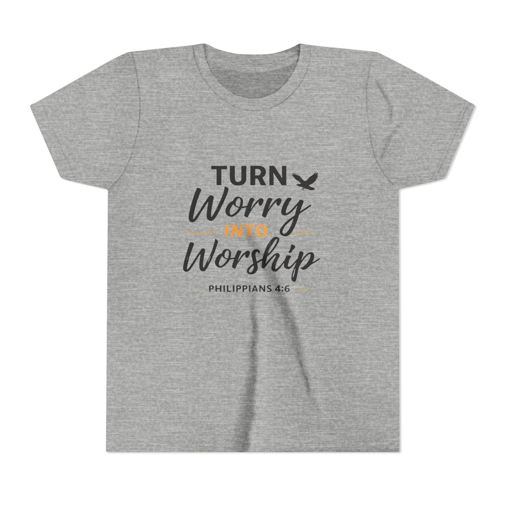 Boys Youth Tee - "Turn Worry Into Worship" Philippians 4:6 Christian Kids Shirt
