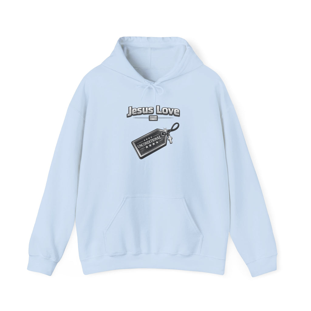 Jesus Love Hoodie with Cross & Tag Graphic — Christian Faith Pullover