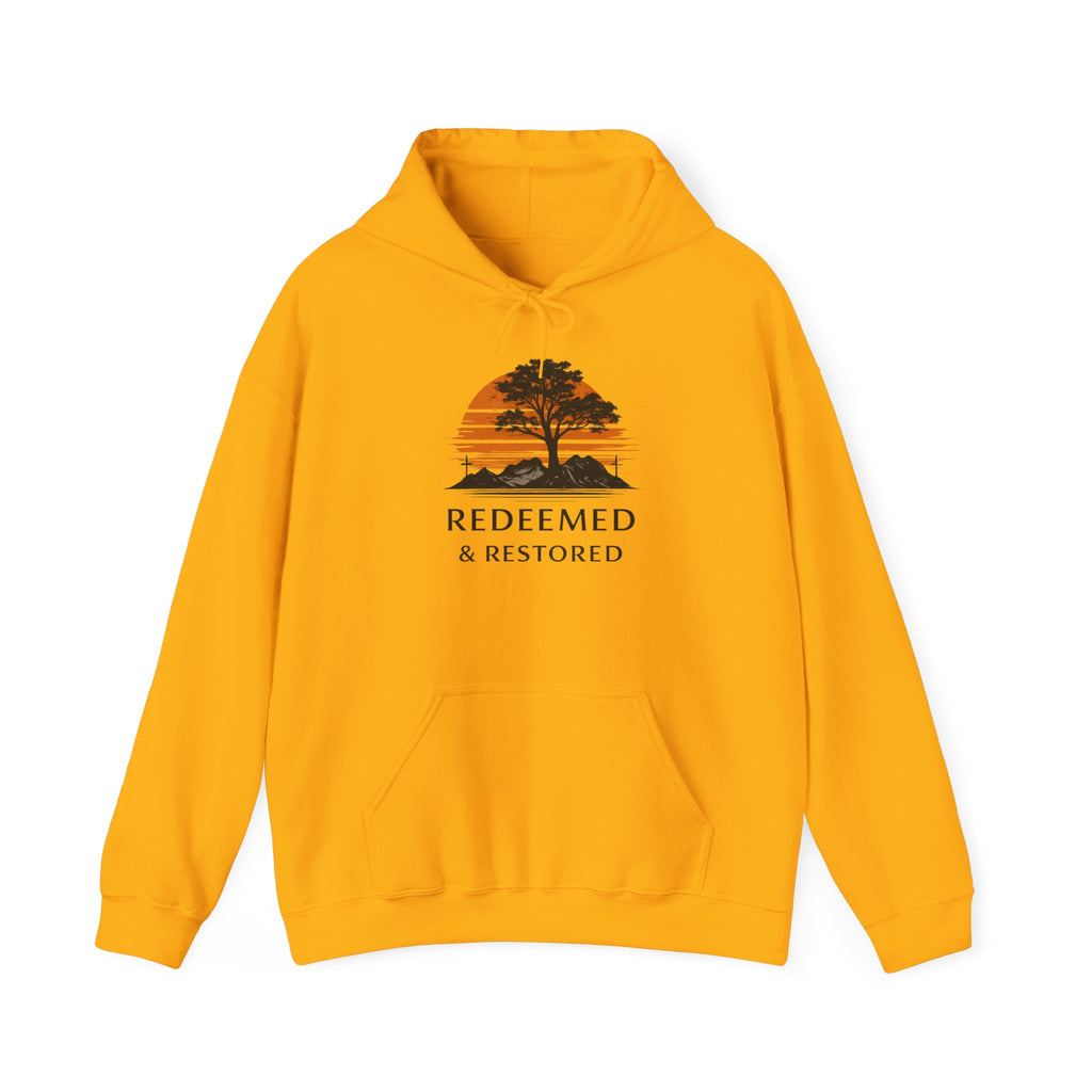 Redeemed & Restored Hoodie – Sunset Tree Faith Graphic Hooded Sweatshirt