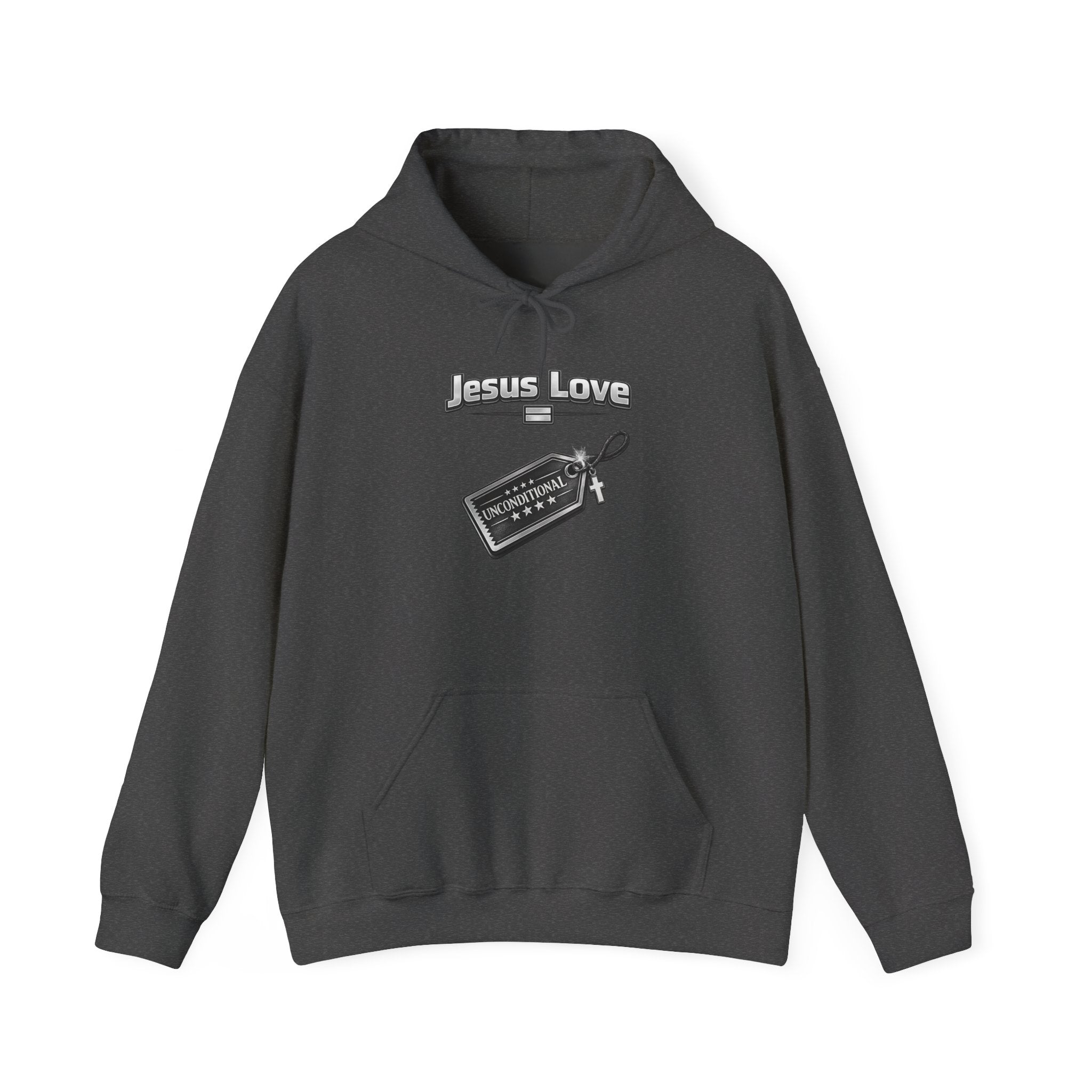 Jesus Love Hoodie with Cross & Tag Graphic — Christian Faith Pullover