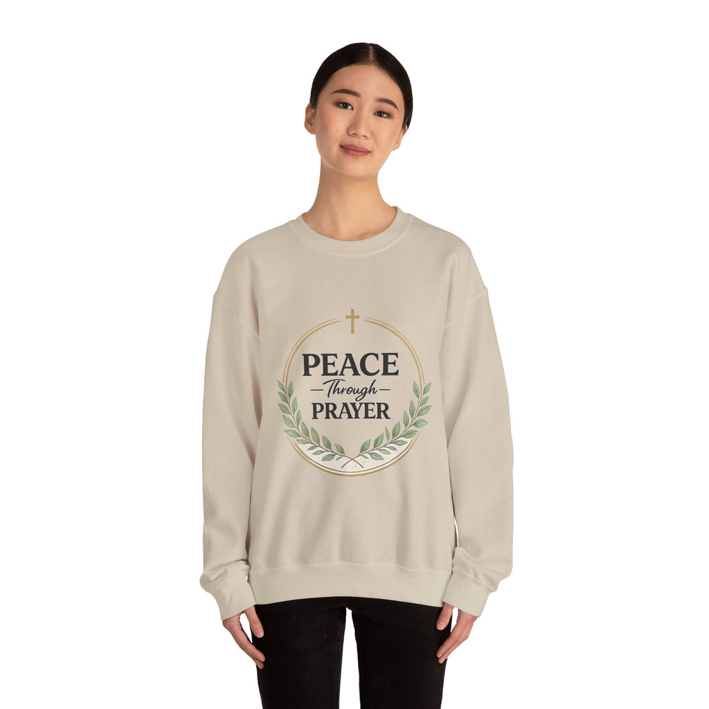 Womens Peace Through Prayer Crewneck Sweatshirt — Christian Faith Graphic Sweatshirt
