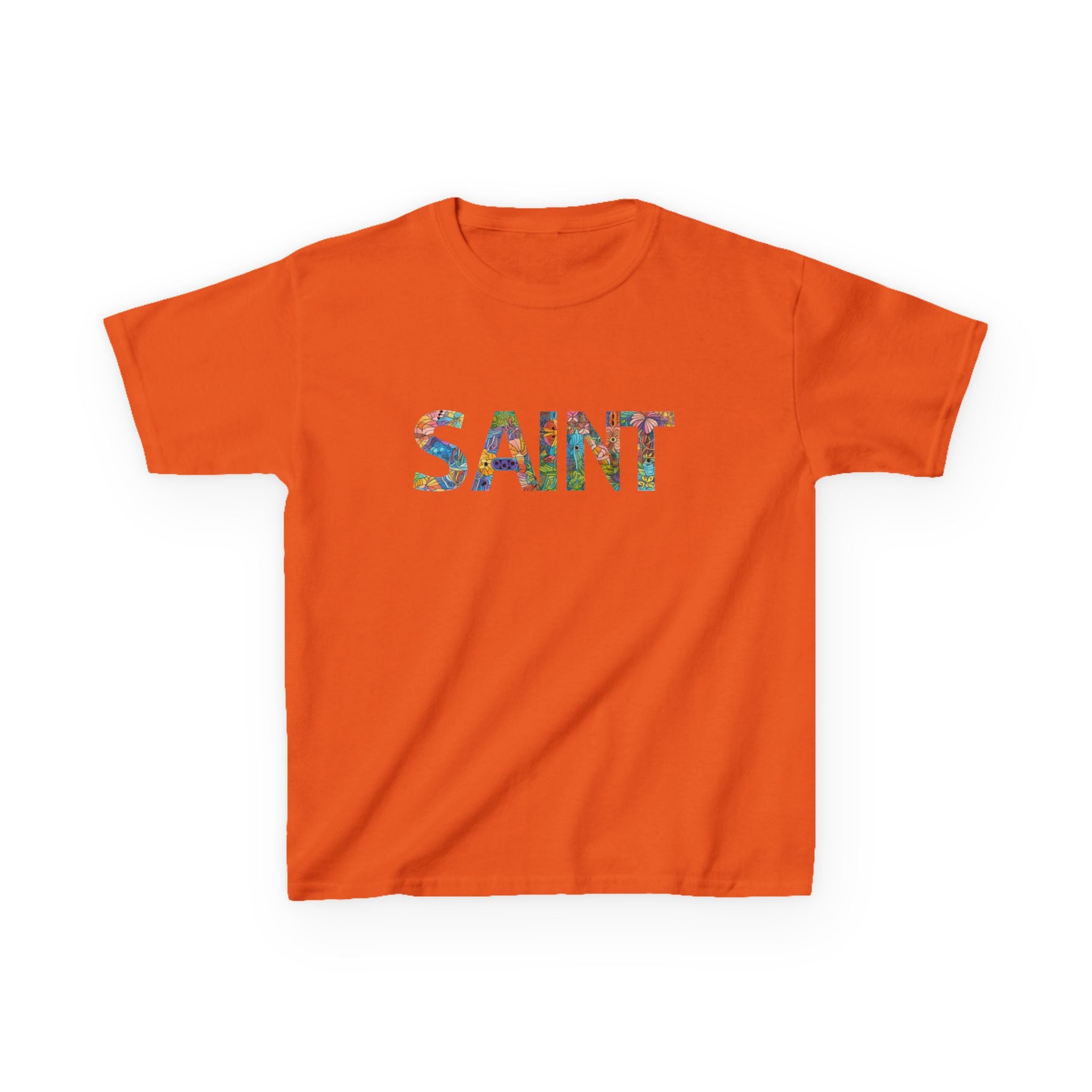 Girls Saint Kids T‑Shirt — Colorful Patterned Lettering Tee for Children