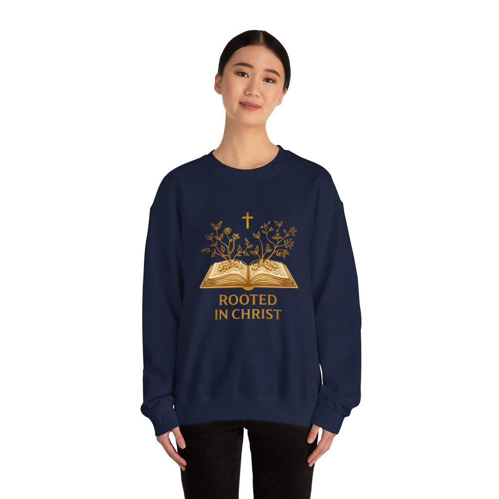 Womens Rooted in Christ Sweatshirt — Christian Faith Bible Graphic Crewneck