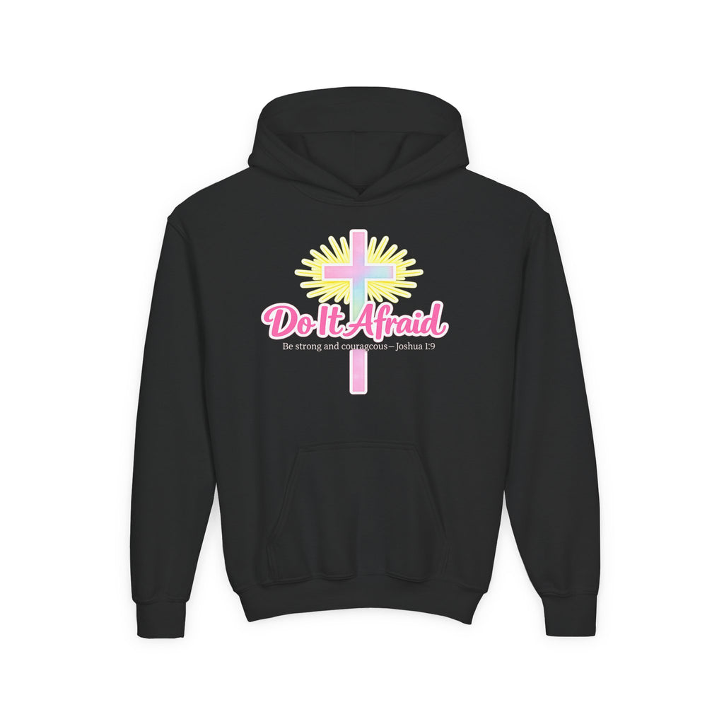 Youth Hoodie — "Do It Afraid" Christian Cross Inspirational Sweatshirt (Joshua 1:9)