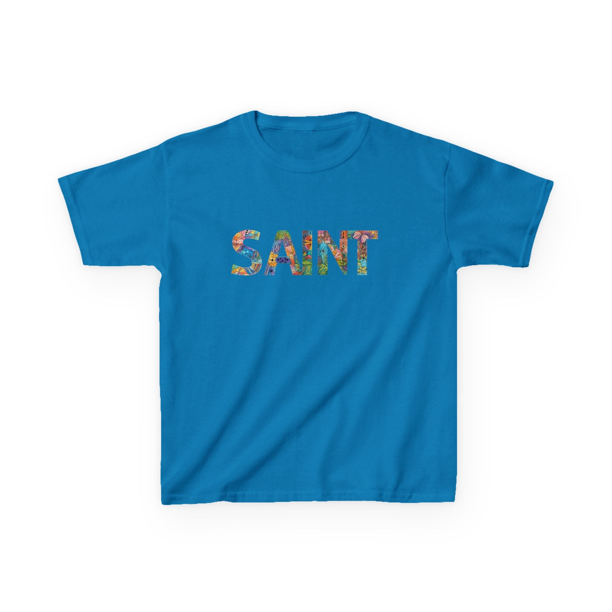 Boys Saint Kids T‑Shirt — Colorful Patterned Lettering Tee for Children