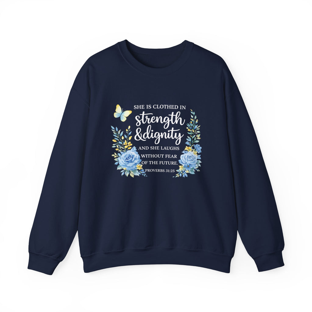 Womens Strength & Dignity Crewneck Sweatshirt — Inspirational Floral Scripture Design