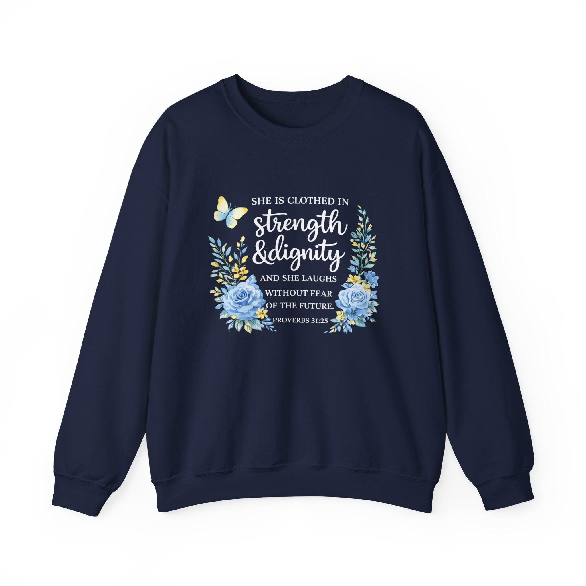 Womens Strength & Dignity Crewneck Sweatshirt — Inspirational Floral Scripture Design