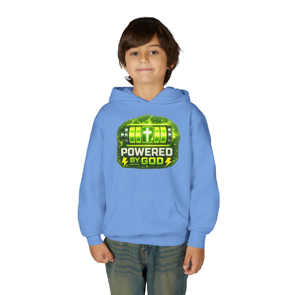 Youth Hoodie — "Powered by God" Green Battery Christian Sweatshirt