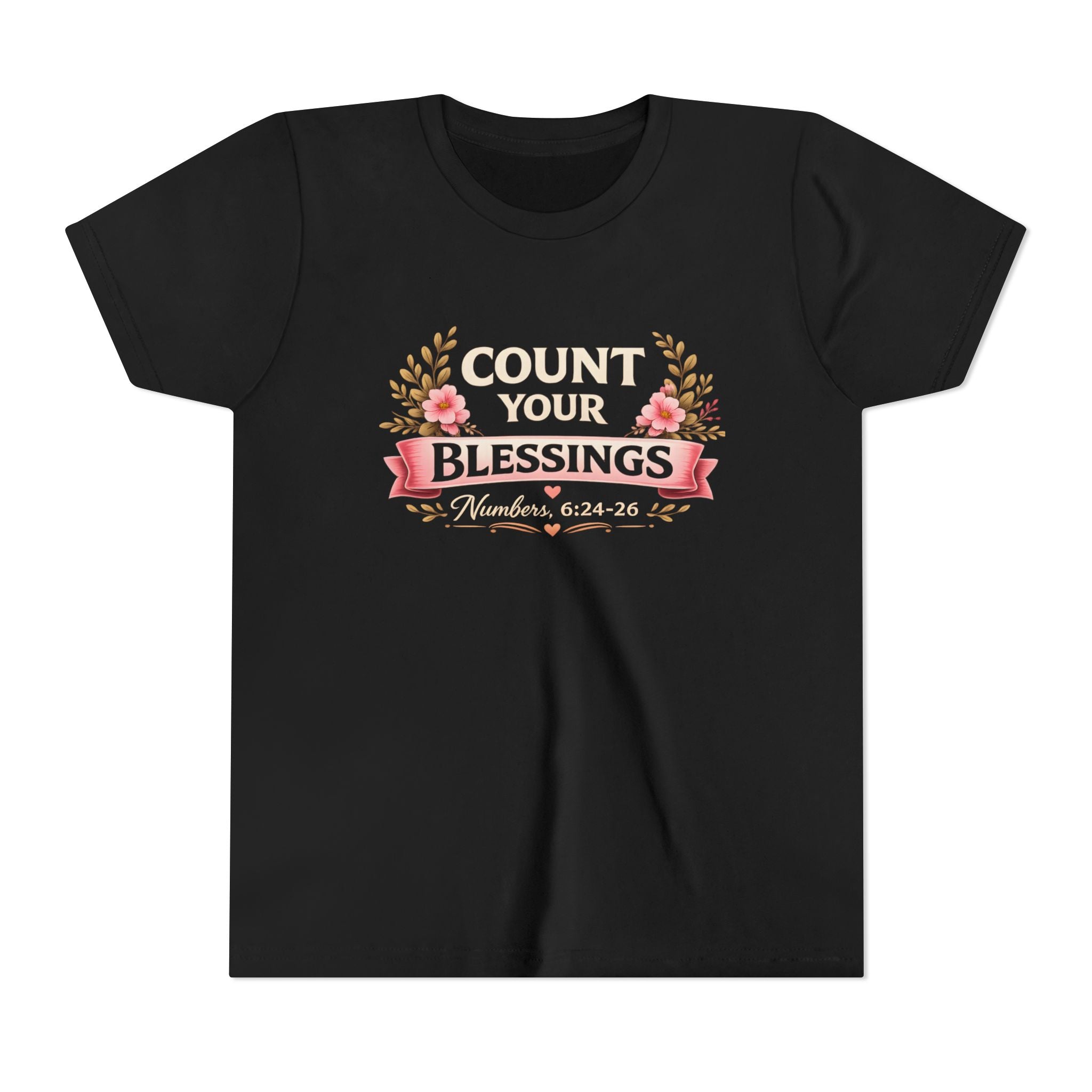 Girls Youth Tee - "Count Your Blessings" Floral Scripture Kids Shirt (Numbers 6:24-26)