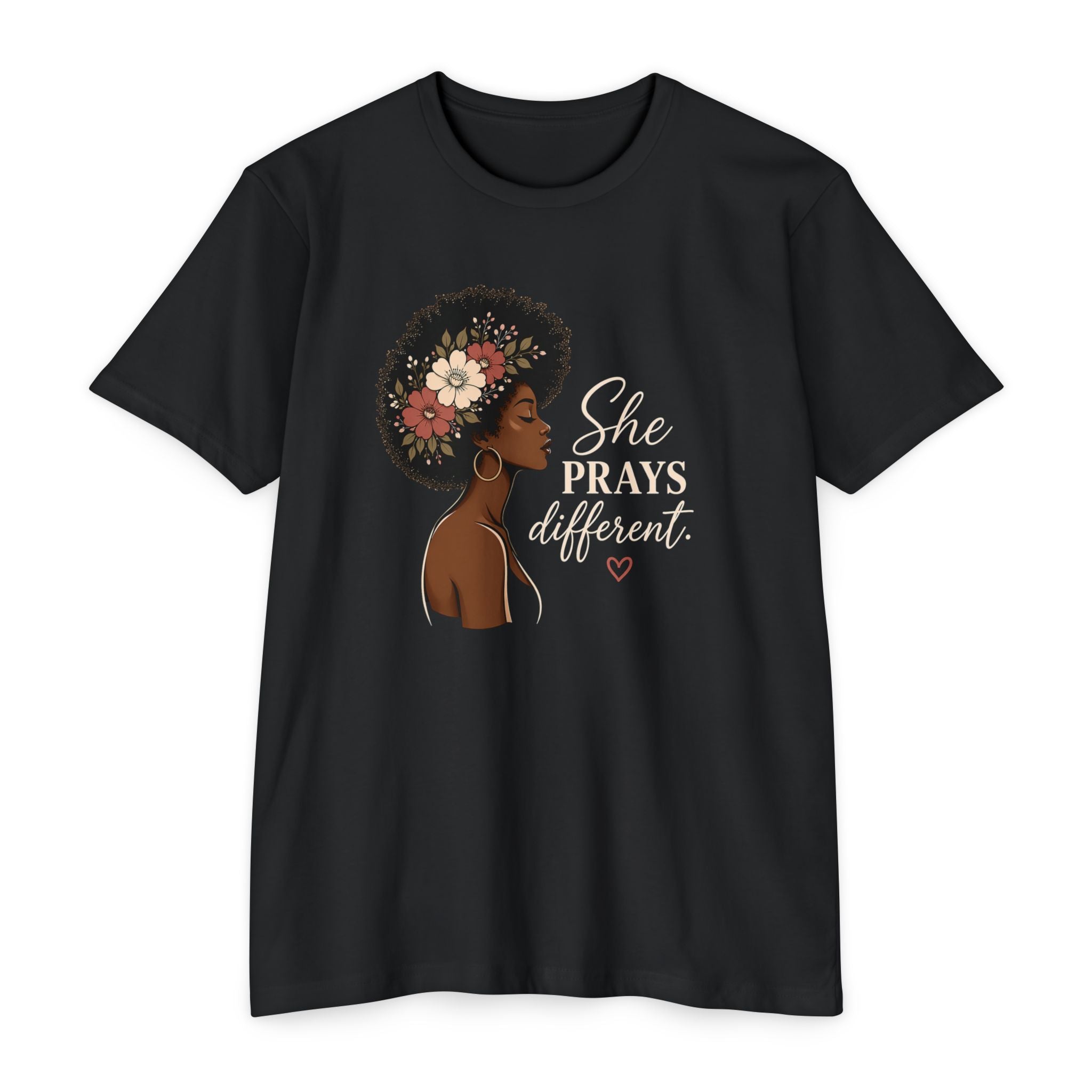 She Prays Different T-Shirt — Floral Afro Woman Inspirational Christian Tee