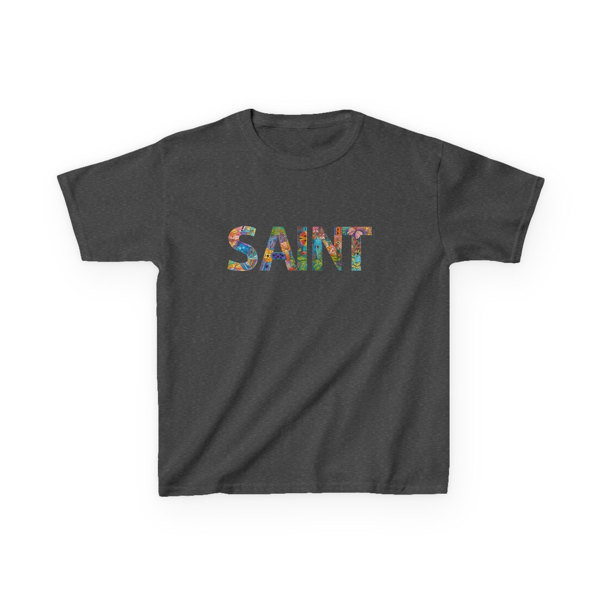 Girls Saint Kids T‑Shirt — Colorful Patterned Lettering Tee for Children