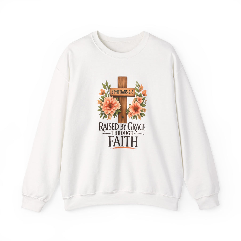 Faith Crewneck Sweatshirt — "Raised by Grace Through Faith" Floral Cross