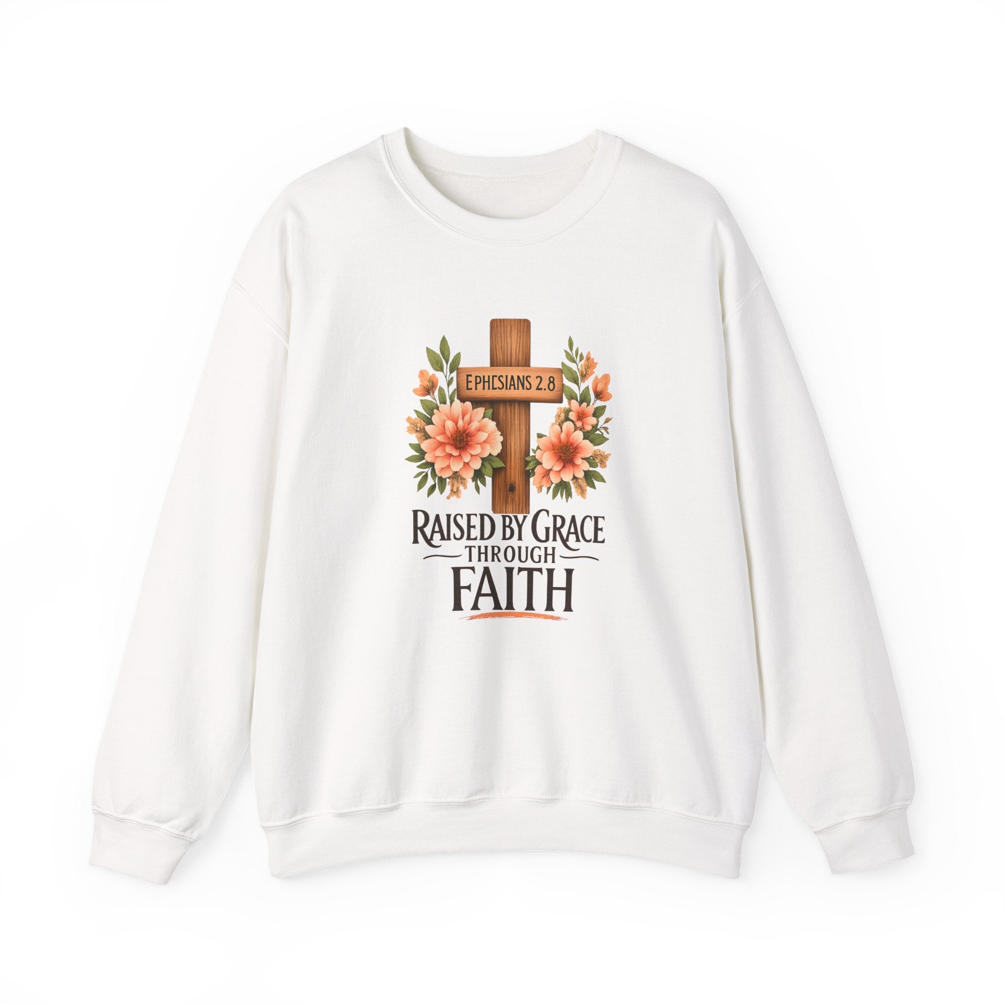 Faith Crewneck Sweatshirt — "Raised by Grace Through Faith" Floral Cross