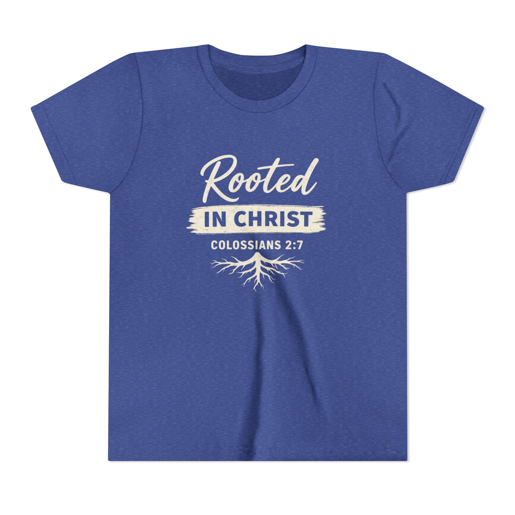 Boys Youth Tee - "Rooted in Christ" Colossians 2:7 Christian Kids Shirt