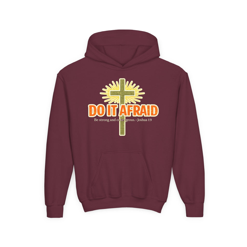 Youth Hoodie - "Do It Afraid" Inspirational Christian Cross Sweatshirt (Joshua 1:9)