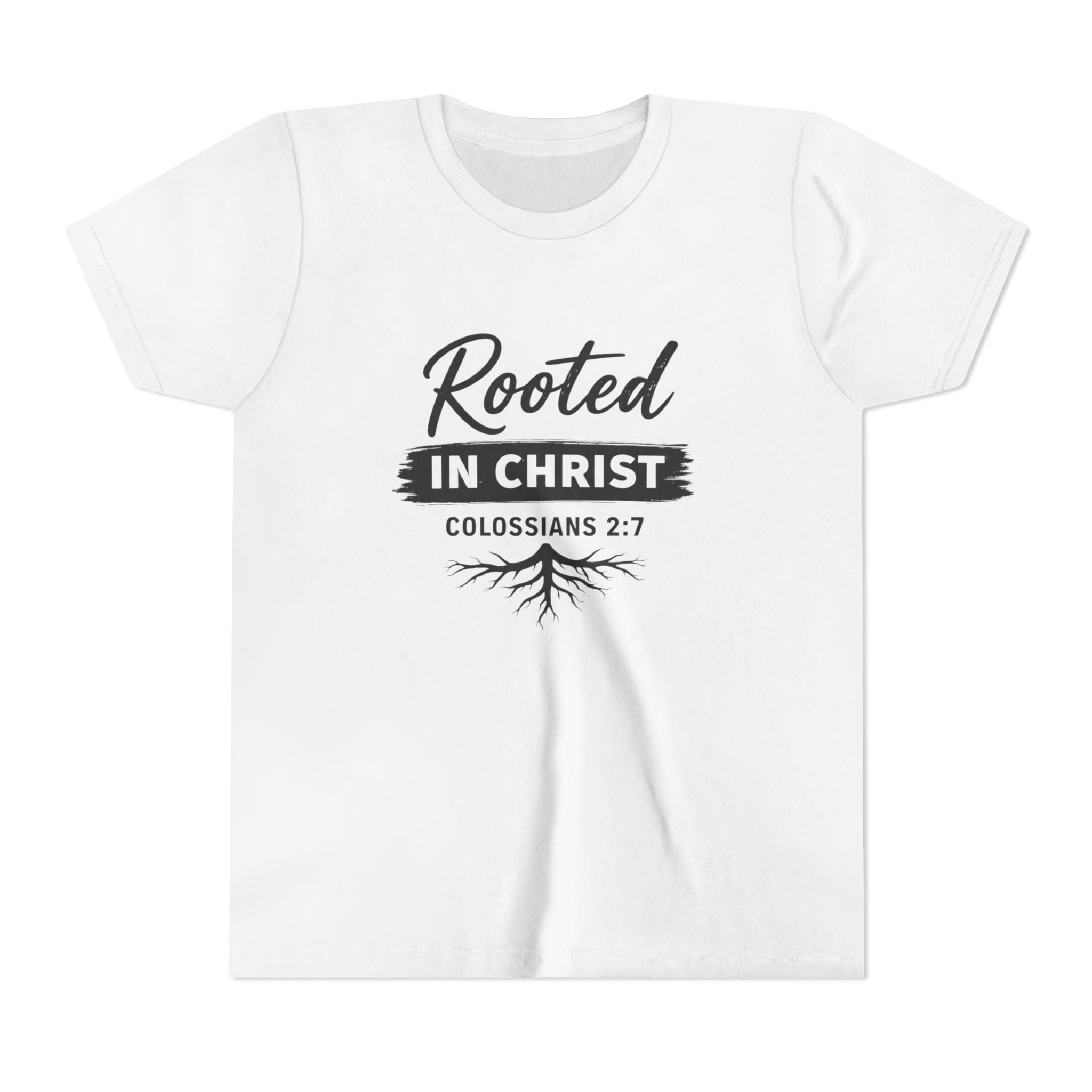 Girls Youth Tee - "Rooted in Christ" Colossians 2:7 Christian Kids Shirt