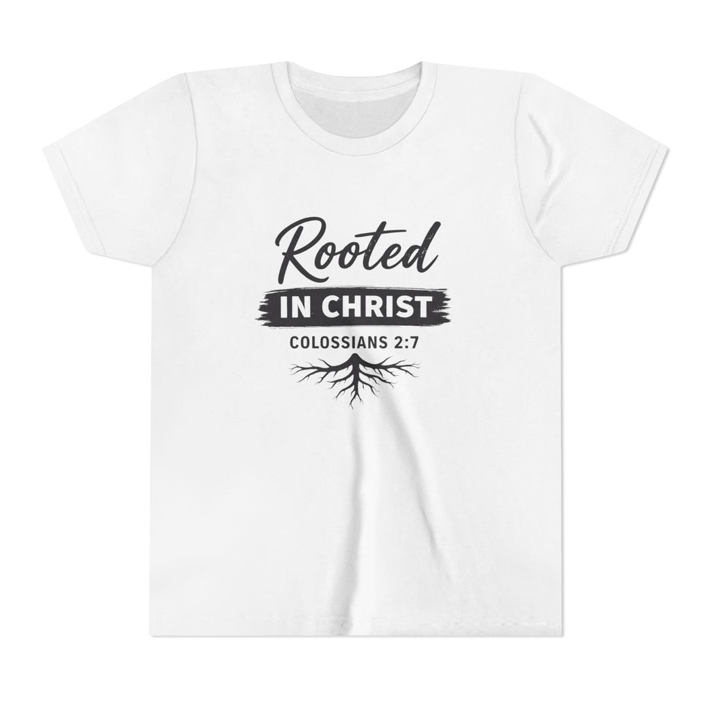 Boys Youth Tee - "Rooted in Christ" Colossians 2:7 Christian Kids Shirt