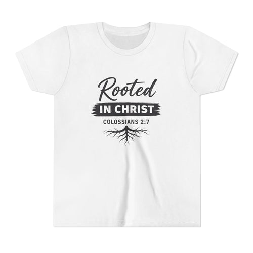 Boys Youth Tee - "Rooted in Christ" Colossians 2:7 Christian Kids Shirt