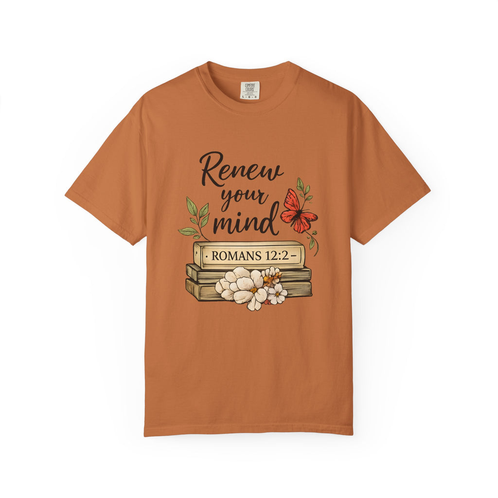 Renew Your Mind T-Shirt – Romans 12:2 Floral Butterfly Christian Tee