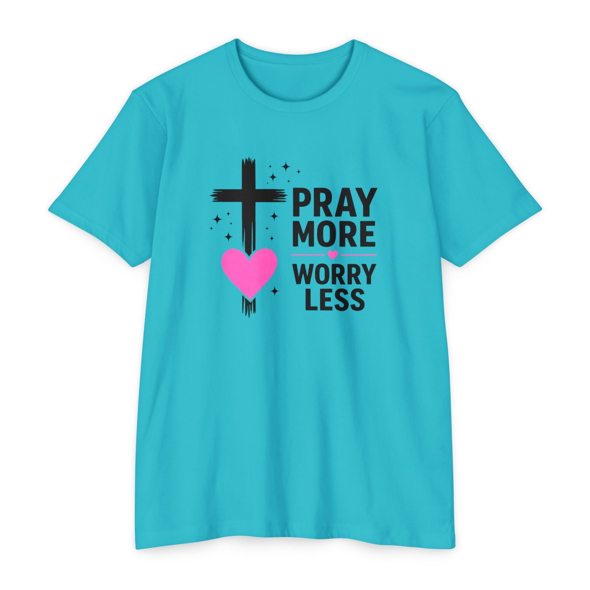 Womens Pray More Worry Less Heart  T-shirt | Faith Christian tee
