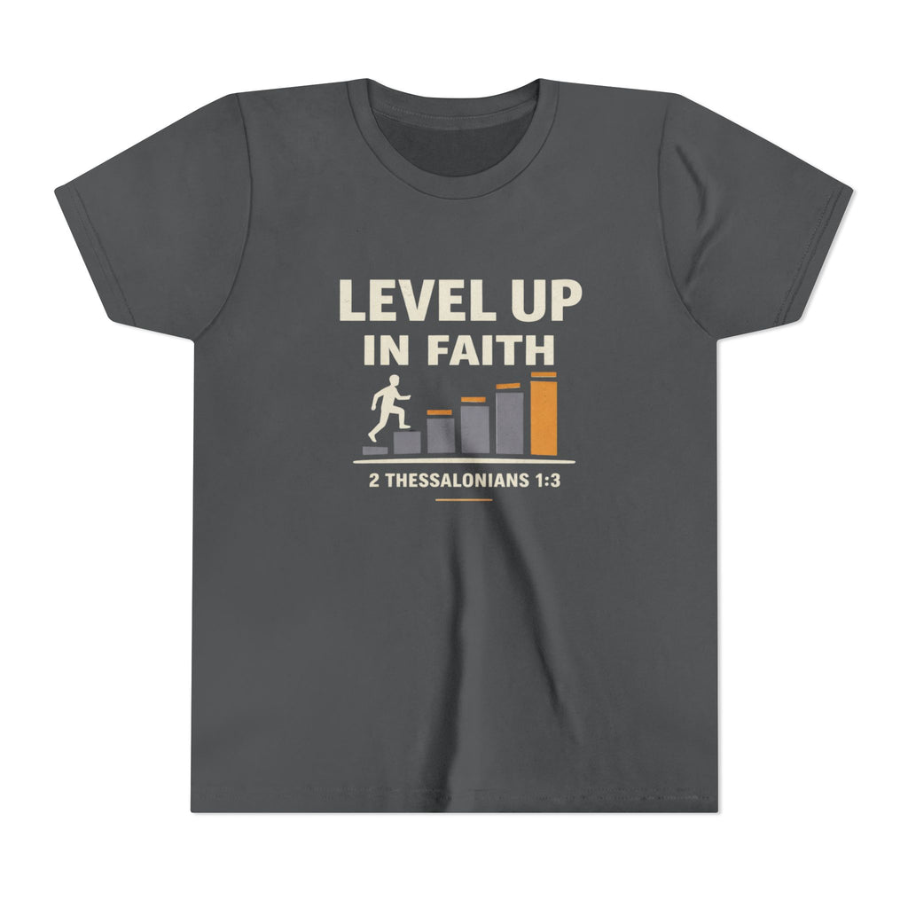 Boys Youth Tee - "Level Up in Faith" Christian Kids T-Shirt (2 Thessalonians 1:3)