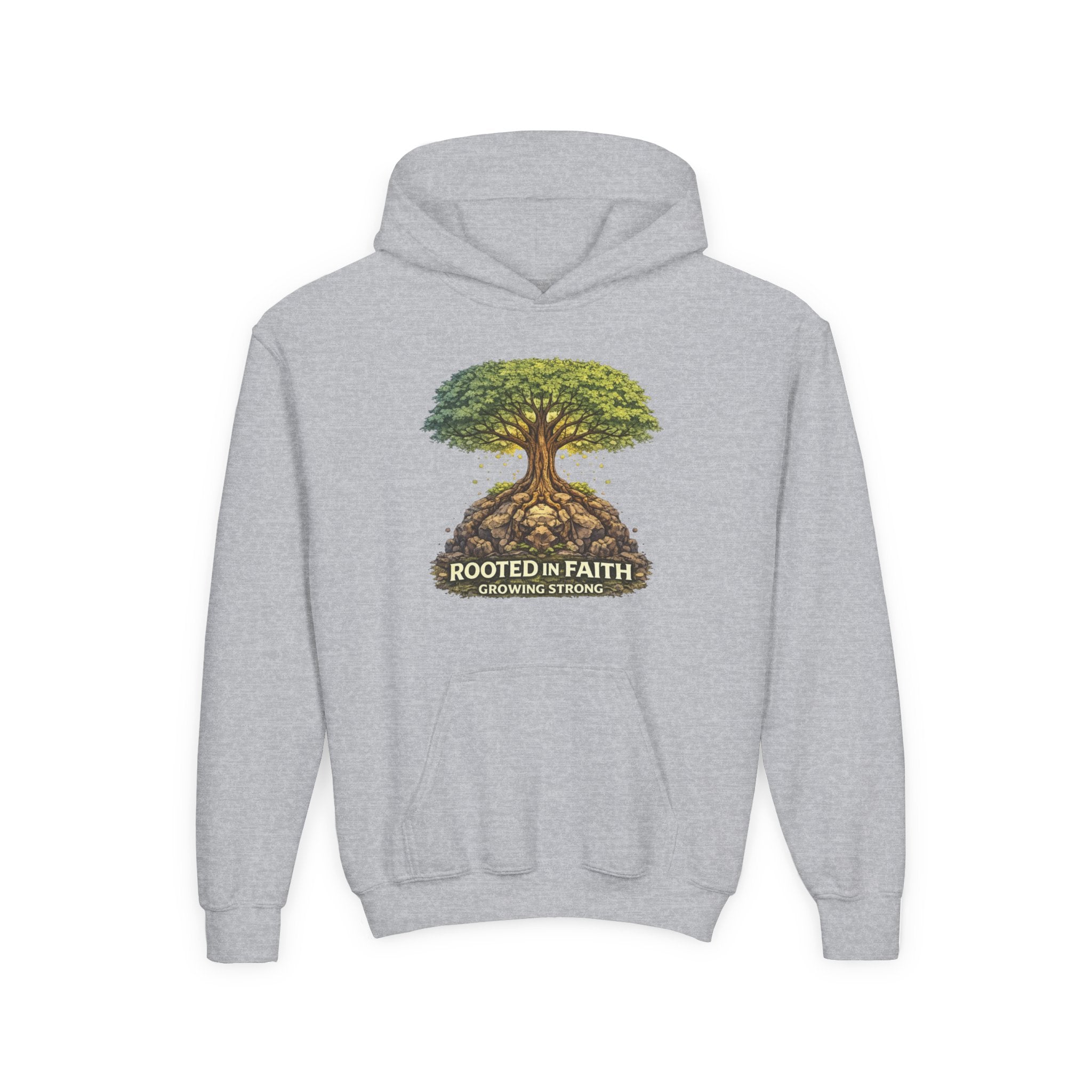 Rooted in Faith Youth Hoodie — Tree of Life Christian Sweatshirt