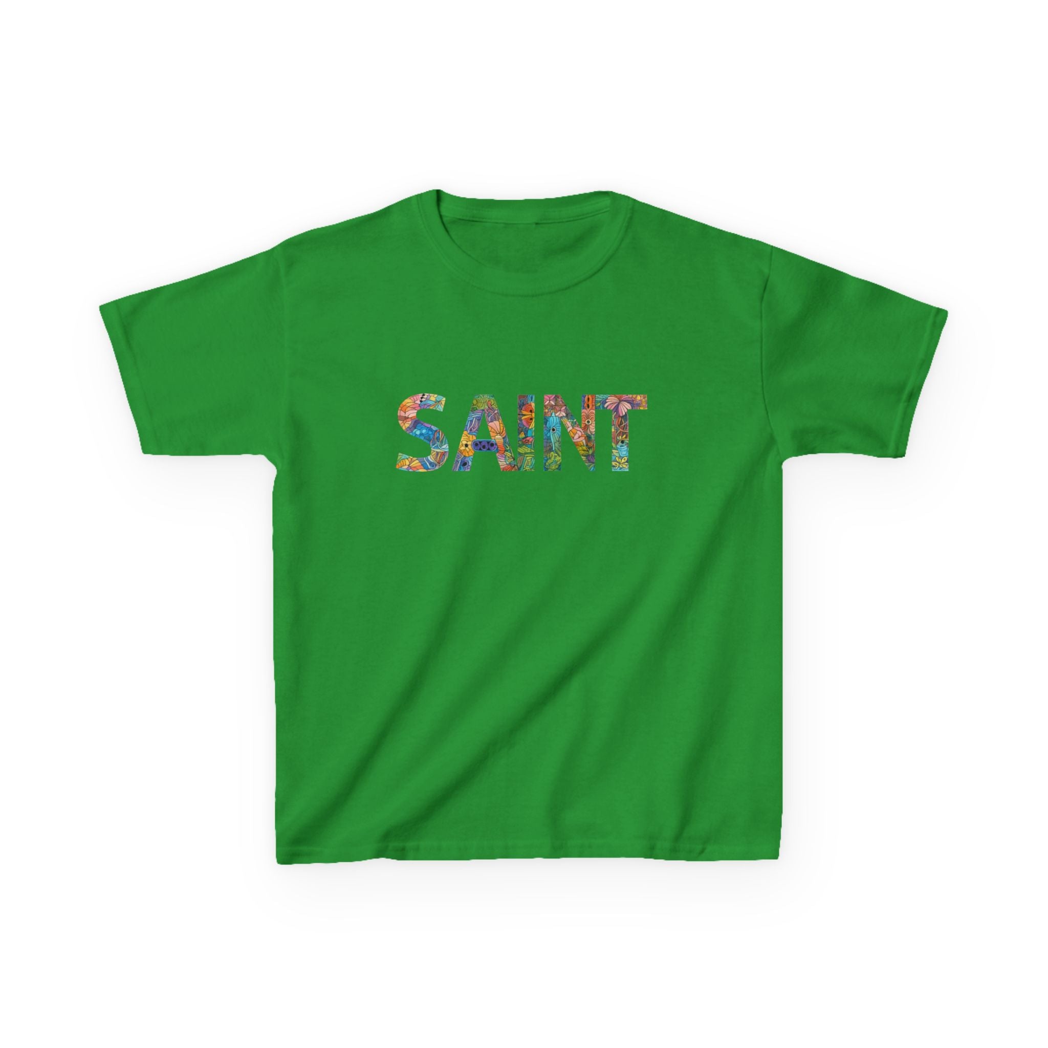 Girls Saint Kids T‑Shirt — Colorful Patterned Lettering Tee for Children