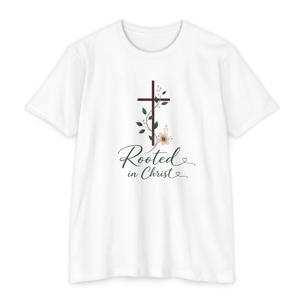 Womens Rooted in Christ Bible and Cross T-shirt | Christian Faith Tee