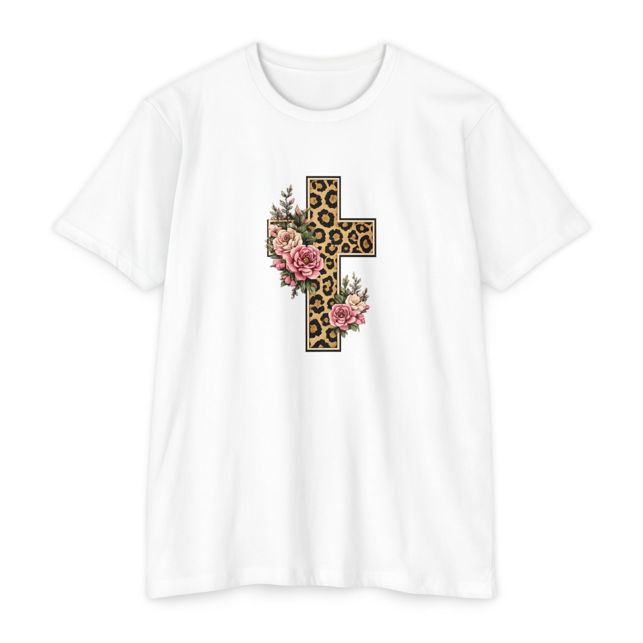 Womens Floral/ Leopard Cross T-Shirt Graphic Tee