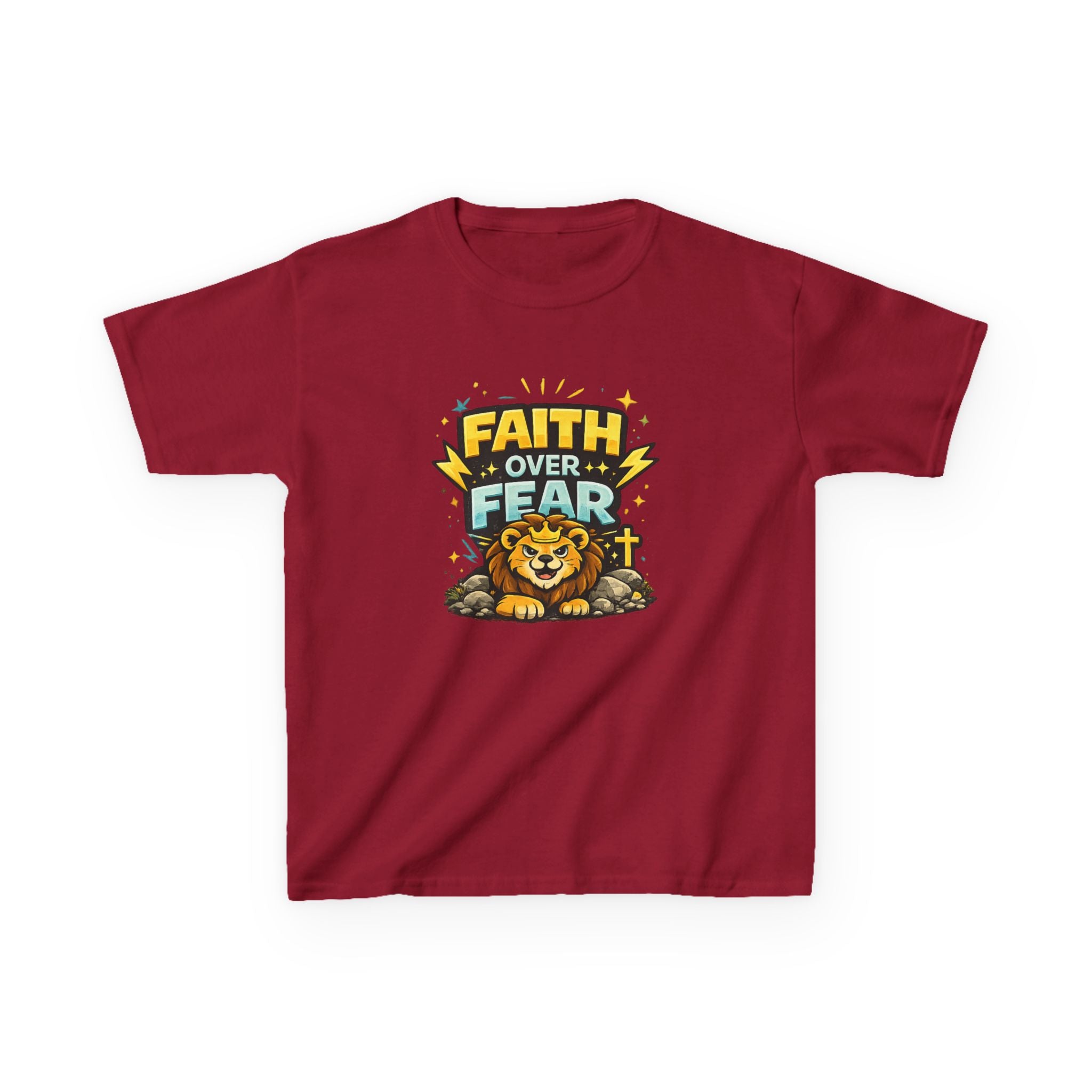 Kids Tee — "Faith Over Fear" Lion Graphic Christian Shirt
