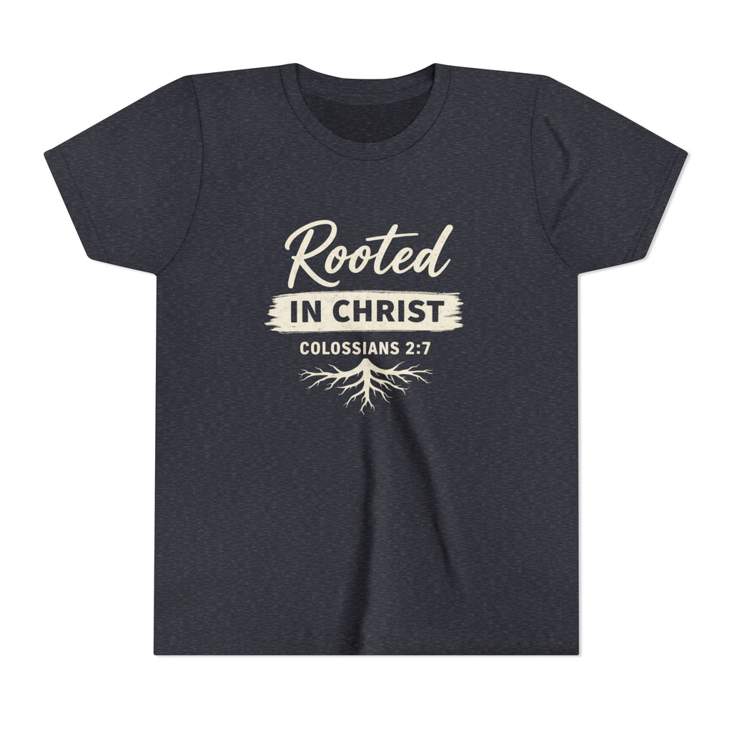 Boys Youth Tee - "Rooted in Christ" Colossians 2:7 Christian Kids Shirt