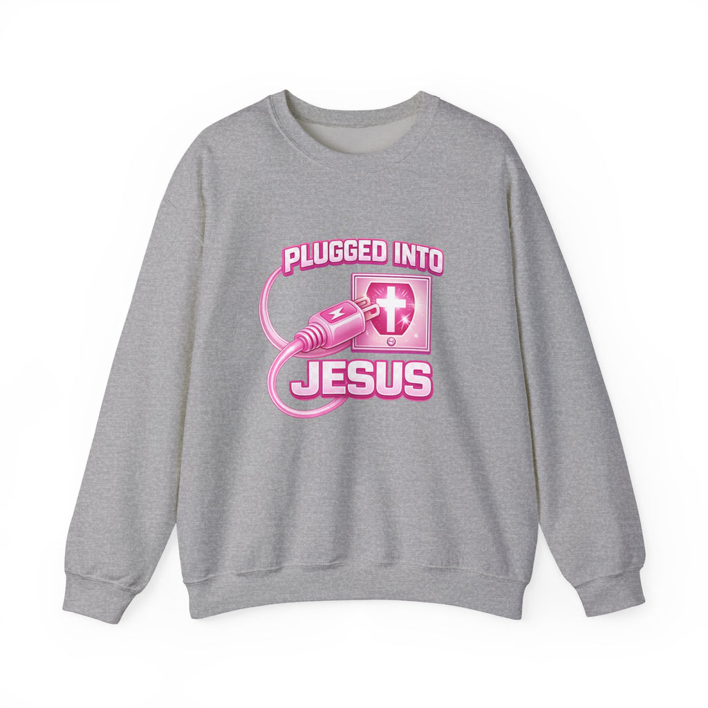 Womens Christian Crewneck Sweatshirt — "Plugged Into Jesus" Pink Graphic