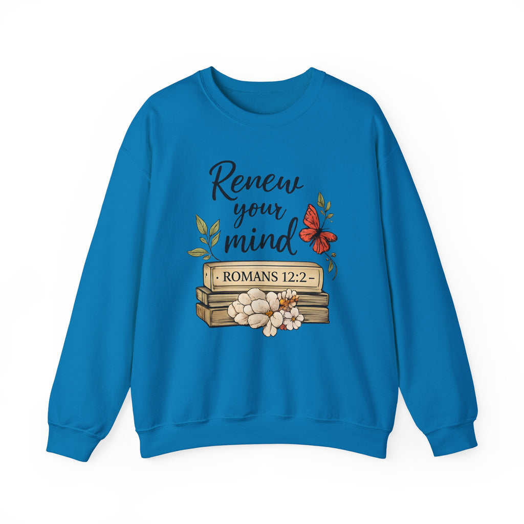 Womens Crewneck Sweatshirt - "Renew Your Mind" Romans 12:2 Floral Christian Pullover