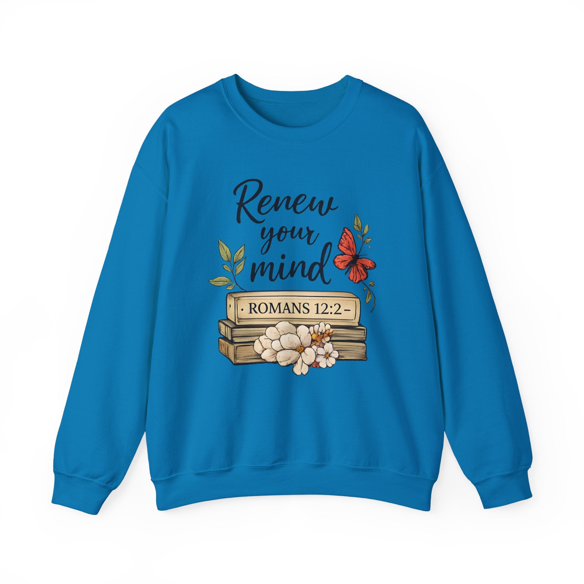 Womens Crewneck Sweatshirt - "Renew Your Mind" Romans 12:2 Floral Christian Pullover